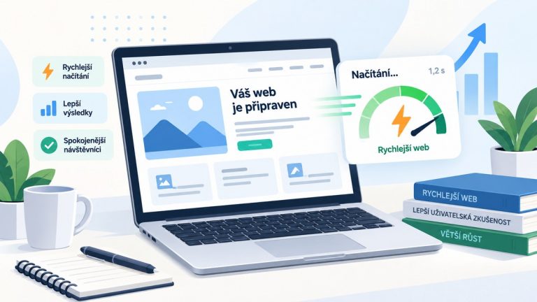 Notebook zobrazující rychle se načítající webovou stránku s ukazatelem rychlosti
